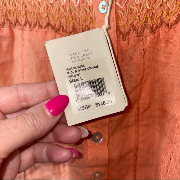 NWT Faherty Kaia Embroidered Linen Top Rhythm Orange size Large Boho Peasant - Picture 4 of 6
